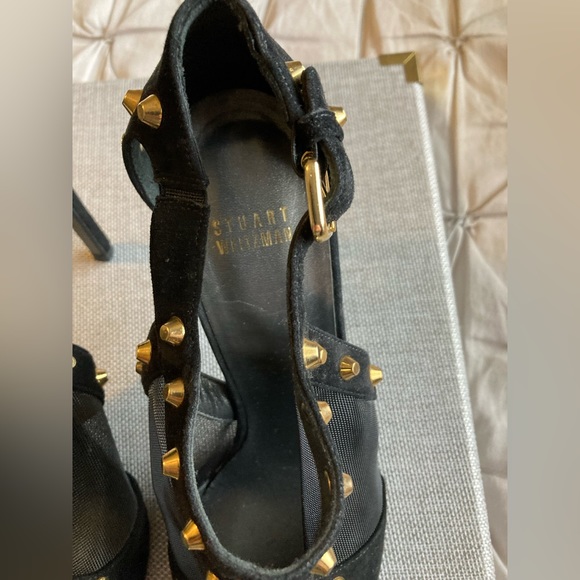Stuart Weitzman black with gold stud heel shoes - Picture 2 of 7